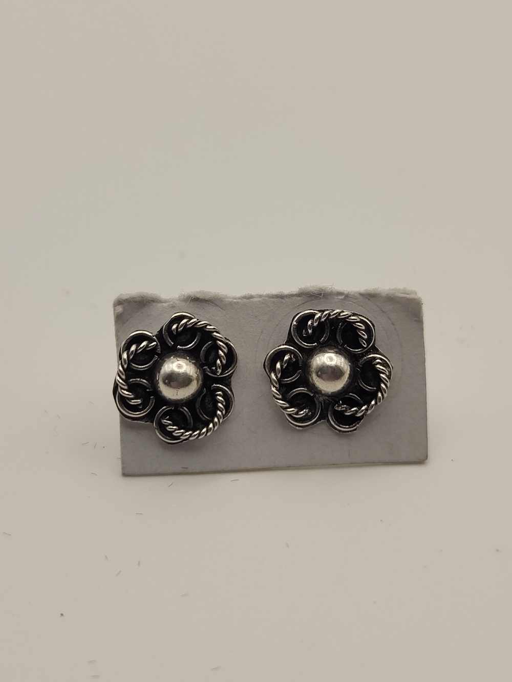 Sterling Silver Floral Button Stud Earrings - Silver
